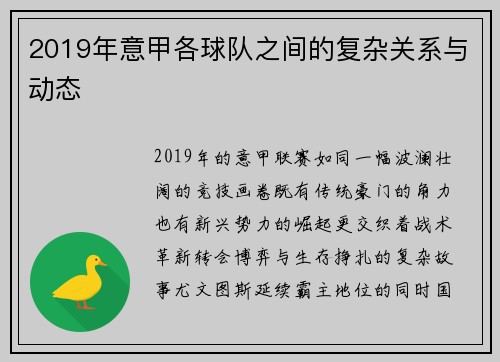 2019年意甲各球队之间的复杂关系与动态