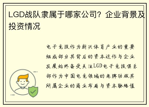 LGD战队隶属于哪家公司？企业背景及投资情况