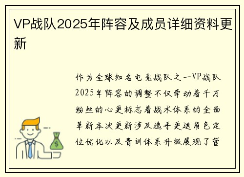 VP战队2025年阵容及成员详细资料更新