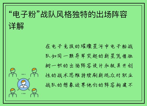 “电子粉”战队风格独特的出场阵容详解